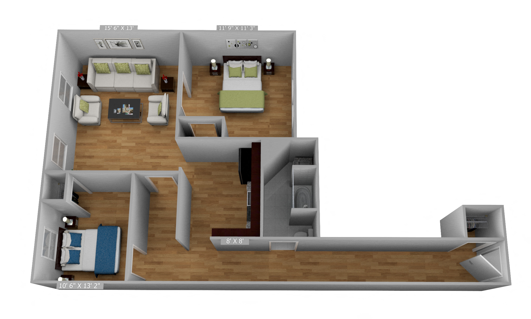 Floor plan for 2 beds, 1 bath, 810 sqft